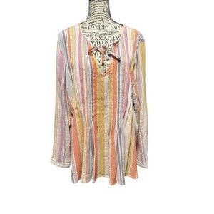 a.n.a. Tunic Top Size Lg Multicolor Stretch Keyhole Neck Pleated Colorfu…